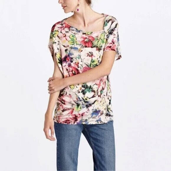 Deletta Floral Asymmetrical NeckTop XS Anthropologie - Picture 1 of 7